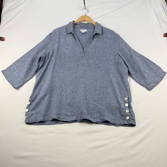 Antibes Blanc Tops - Antibes Blanc 100% Linen V-Neck Top Blue Size 1X